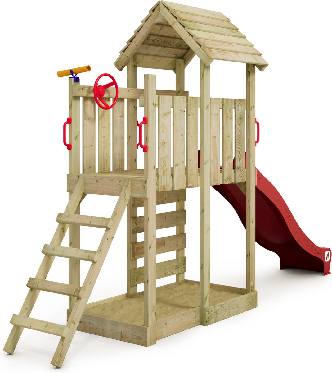 WICKEY speeltoestel klimtoestel JoyFlyer met houten dak & rode glijbaan outdoor kinderspeeltoestel met zandbak ladder & speelaccessoires voor de tuin