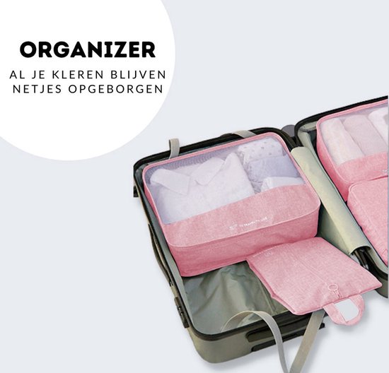 Roze kleding organizer in een koffer met een netje.