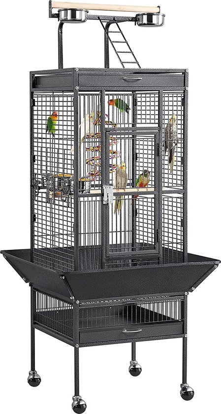BAKAJI Volièrekooi voor vogels, onafscheidelijke papegaaien, parkieten, vluchtige metalen vogelkooi met zonnedak en voederbak, houten papegaaien, kooi met uitneembare bak voor eenvoudige reiniging