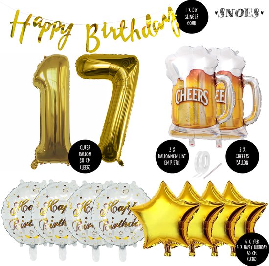 17 Jaar Verjaardag Cijfer ballon Mannen Bier - Feestpakket Snoes Ballonnen Cheers & Beers - Herman