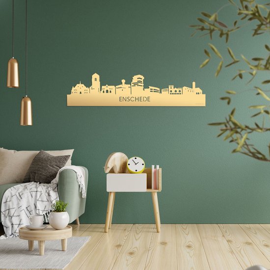 Skyline Enschede Goud Metallic - 80 cm - Woondecoratie - Wanddecoratie - Meer steden beschikbaar - Woonkamer idee - City Art - Steden kunst - Cadeau voor hem - Cadeau voor haar - Jubileum - Trouwerij - WoodWideCities