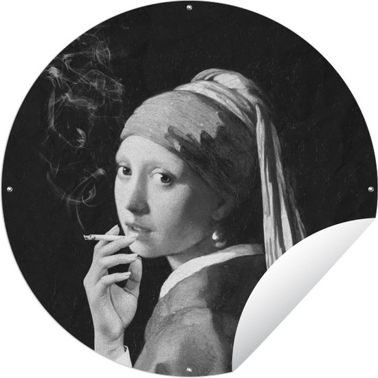 Tuincirkel Het meisje met de parel - Johannes Vermeer - Zwart - Wit - 150x150 cm - Ronde Tuinposter - Buiten