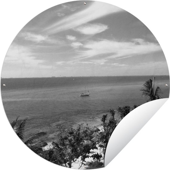 Tuincirkel Uitzicht op Caribische Zee bij Isla Mujeres, Mexico - zwart wit - 150x150 cm - Ronde Tuinposter - Buiten