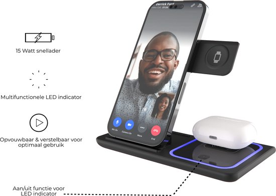 Innova® 3-in-1 Draadloze Oplader (15W snellader) - Opvouwbaar - Geschikt voor Apple Watch/Oortjes/Smartphones met draadloze oplaadfunctie - Geschikt voor telefoons - Draadloos Qi Station - GSM Lader - Oplaadstation