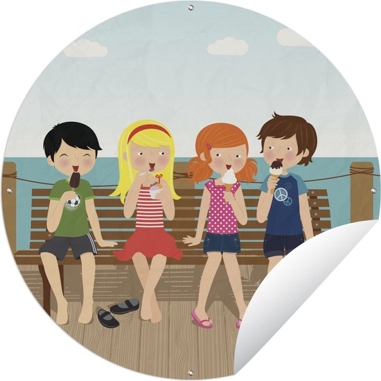 Tuincirkel Een illustratie van kinderen op een pier - 60x60 cm - Ronde Tuinposter - Buiten