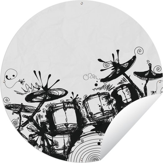 Tuincirkel Zwart-wit illustratie van een drumstel - 60x60 cm - Ronde Tuinposter - Buiten