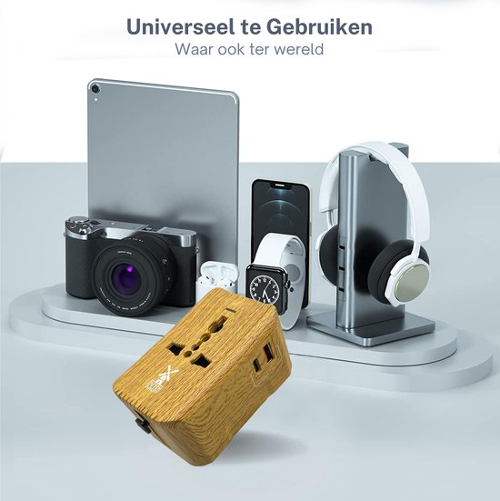 Dutch Quality® Universele Wereldstekker Hout Look - Reisstekker geschikt voor 170+ Landen - Met USB-C & USB-A Poorten - Internationale Reisadapter - Dutch Quality