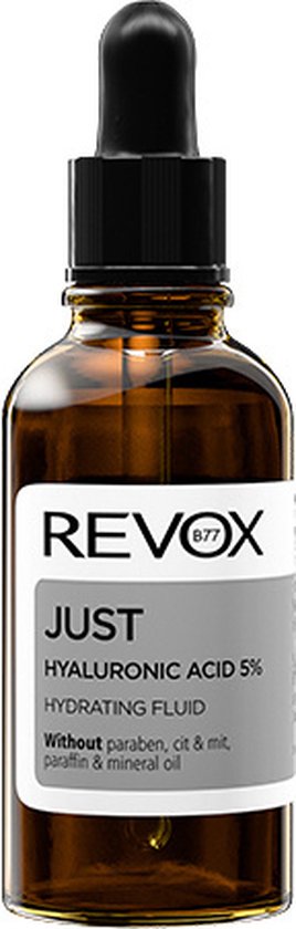 Bruin glazen flesje met druppelaar, Revox B77 JUST Hyaluronic Acid 5% Hydrating Fluid, zonder parabenen, citraat en minerale olie.