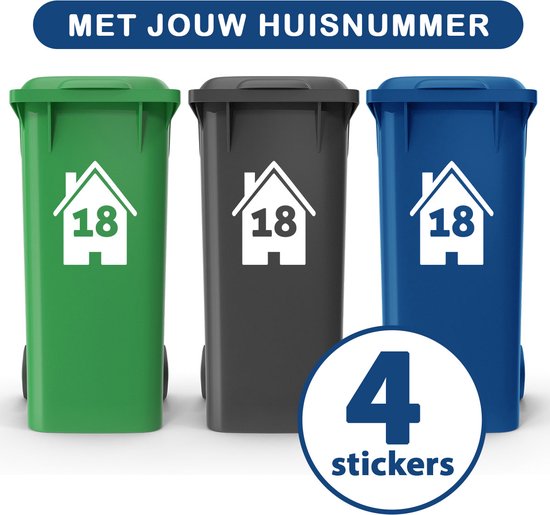 Container Stickers - Voordeelset 4 stuks - 15x20 cm - Container / Kliko sticker huisnummer - afvalcontainer sticker - klikosticker - wit - Huis met nummer