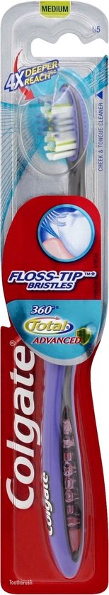 Brosse à dents Colgate 360° Total Advanced avec manche violet et poils blancs. "4x Deeper Reach" et "Floss-Tip Bristles".