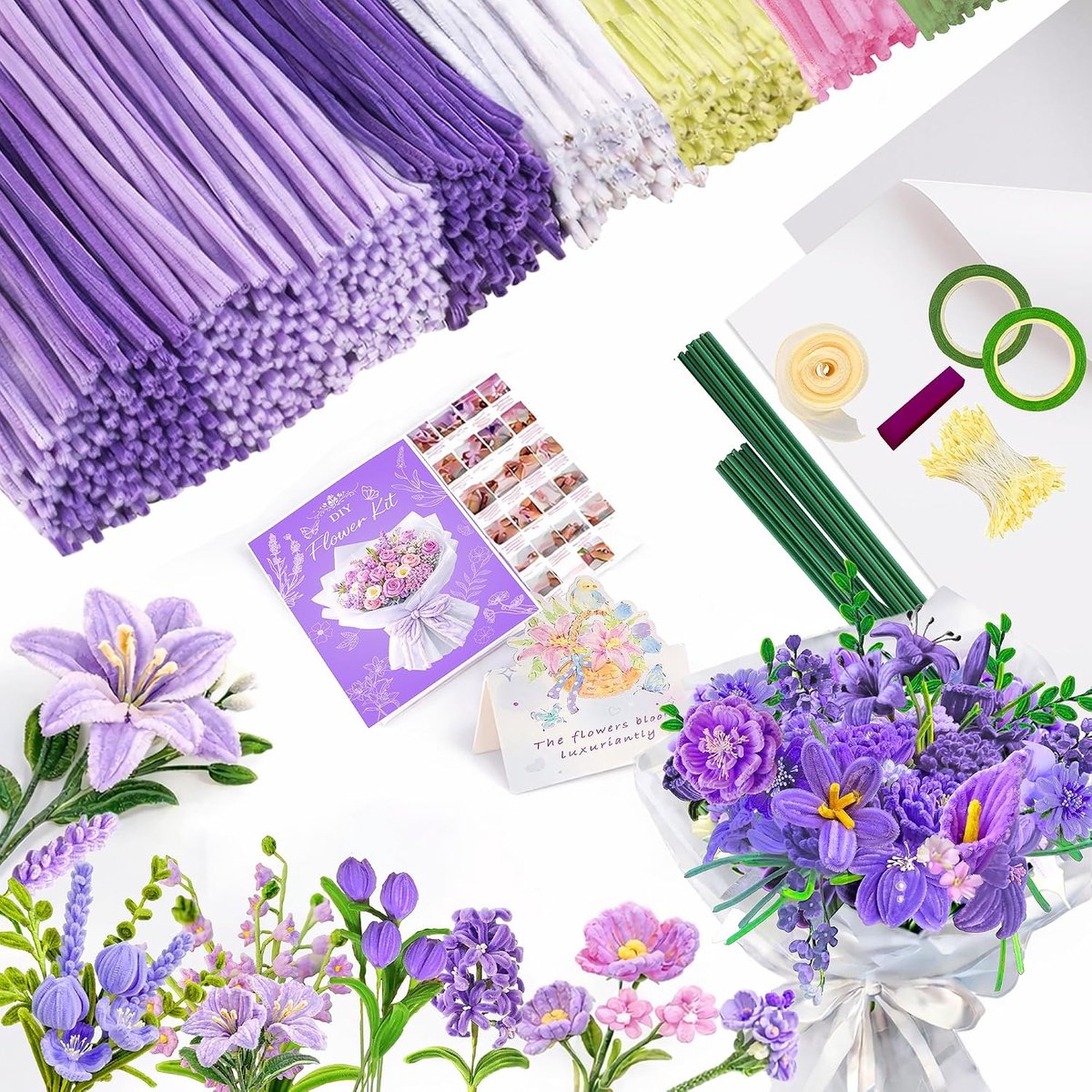 Paarse boeket pijpenreinigers, bloemenset, 600 stuks pijpenreinigers om te knutselen, 7 kleuren, geschikt als cadeau - ShopVlot