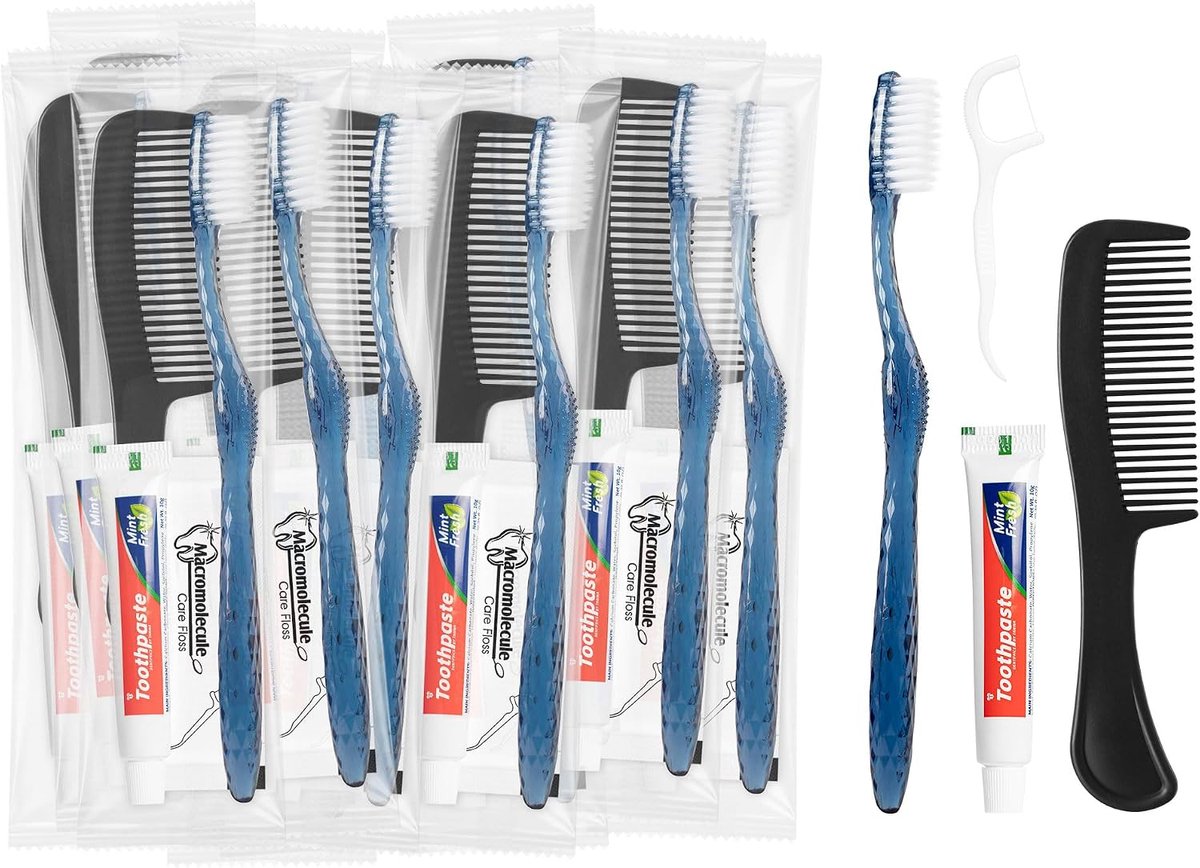 Travel Toothbrush, Bulk with Disposable Toothbrush, 10g Mini Toothpaste, Floss Picks, Comb, Individually Wrapped - ShopVlot
