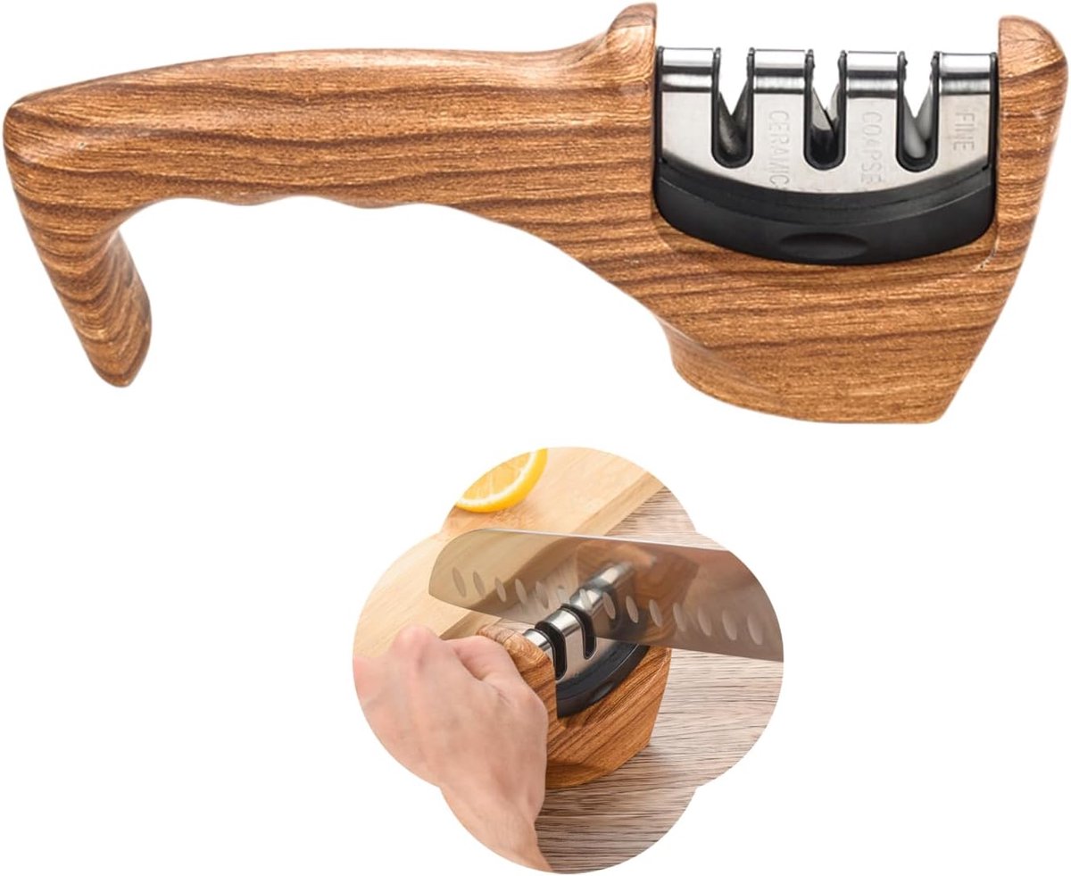 Knife Sharpener, 3 Levels, Professional Manual Knife Sharpener for Sharp Various Knives (Wood Grain) - ShopVlot