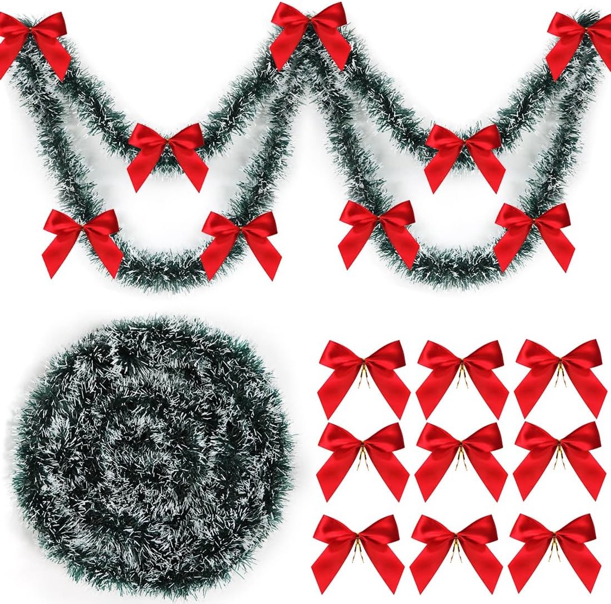 Sprinlot Gerlande Christmas Garlands Dark Green 10 m Lametta Garland with 24 Red Bows Christmas Garlands Shiny - ShopVlot