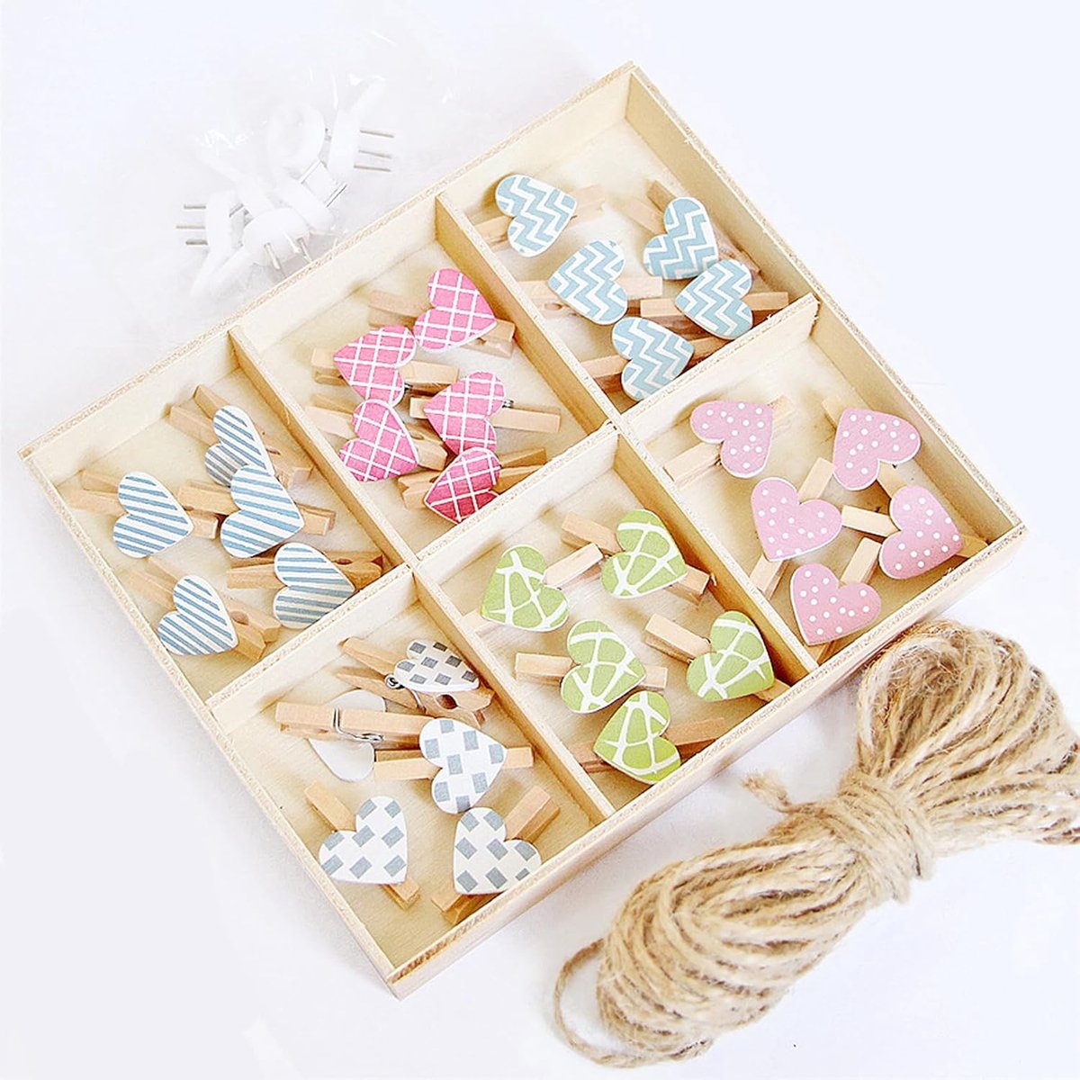 Shirene Wooden Pegs, 30 Pieces Small Heart Wooden Clothes Pegs with 10 m Photo Rope and 6 Trace Free Nails for Hanging - ShopVlot