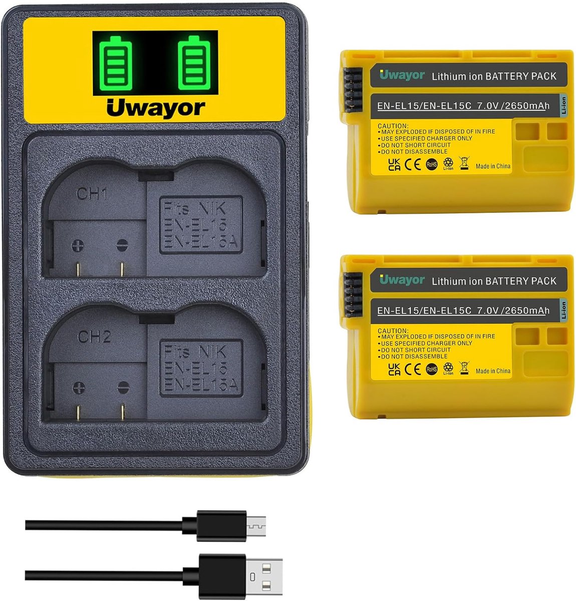 EN-EL15C EN-EL15 EL15A EL15B Battery 2 Pieces and Charger for Z5, Z6 II, Z7 II, D7200, D500, D800, D7200, D7000, D750 - ShopVlot