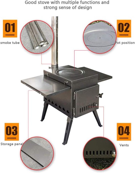Portable Folding Camping Stove, Windproof Wood Stove, Compact Tent Heating Stove with Pipes, Outdoor Backpacking Stove - ShopVlot — afbeelding 2