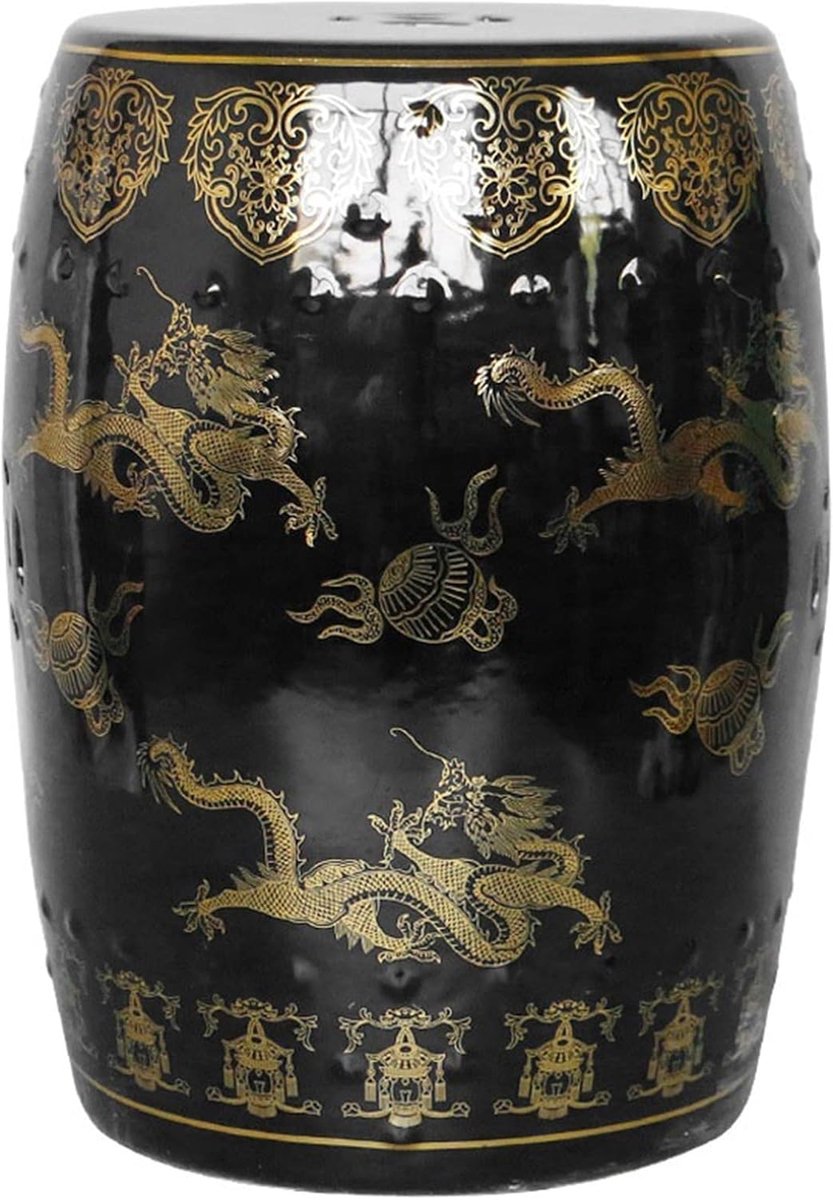 Decorative Ceramic Garden Stool, Glazed with Gold Plated Double Dragon Pearl, Shoe Change Stool, Drum Stool, Suitable - ShopVlot