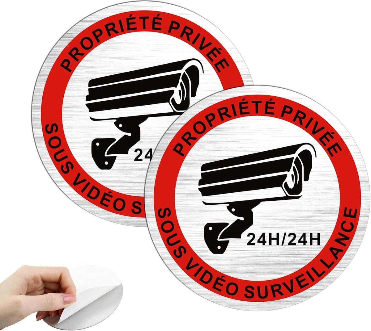 Set van 2 videobewakingsposters, 10 cm, geborsteld aluminium, zelfklevend, camera-bewaking, bord voor privéeigendom - ShopVlot