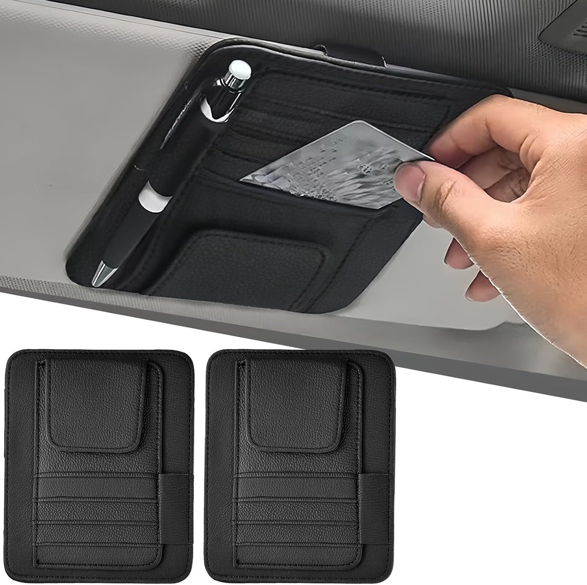 2 stuks universele brillenhouder voor de auto, van PU-leer, zonnekleporganizer, multifunctioneel, voor zonnebrillen - ShopVlot