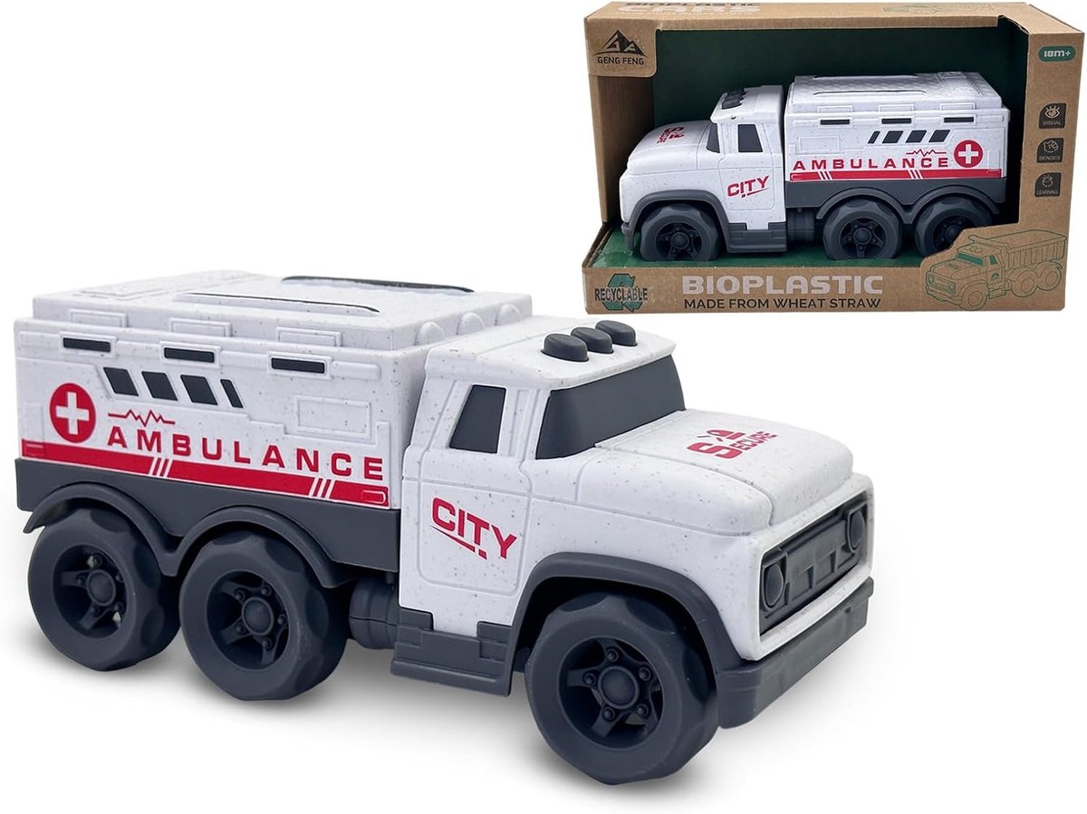 Ambulance Bioplastic Tarwestrospeelgoed, recycleerbaar reddingsvoertuig voor baby's vanaf 18 maanden, robuuste - ShopVlot