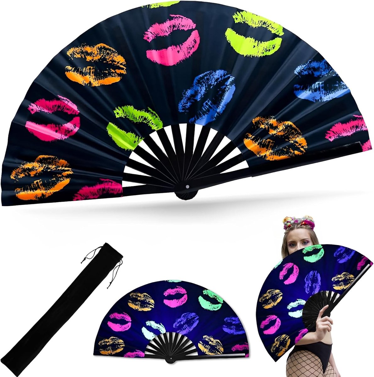 ElevaPulse Hand Fan UV Glowing Large Foldable Bamboo Wood Fan Rave Fan Fan for Women Fans Festival Festival - ShopVlot