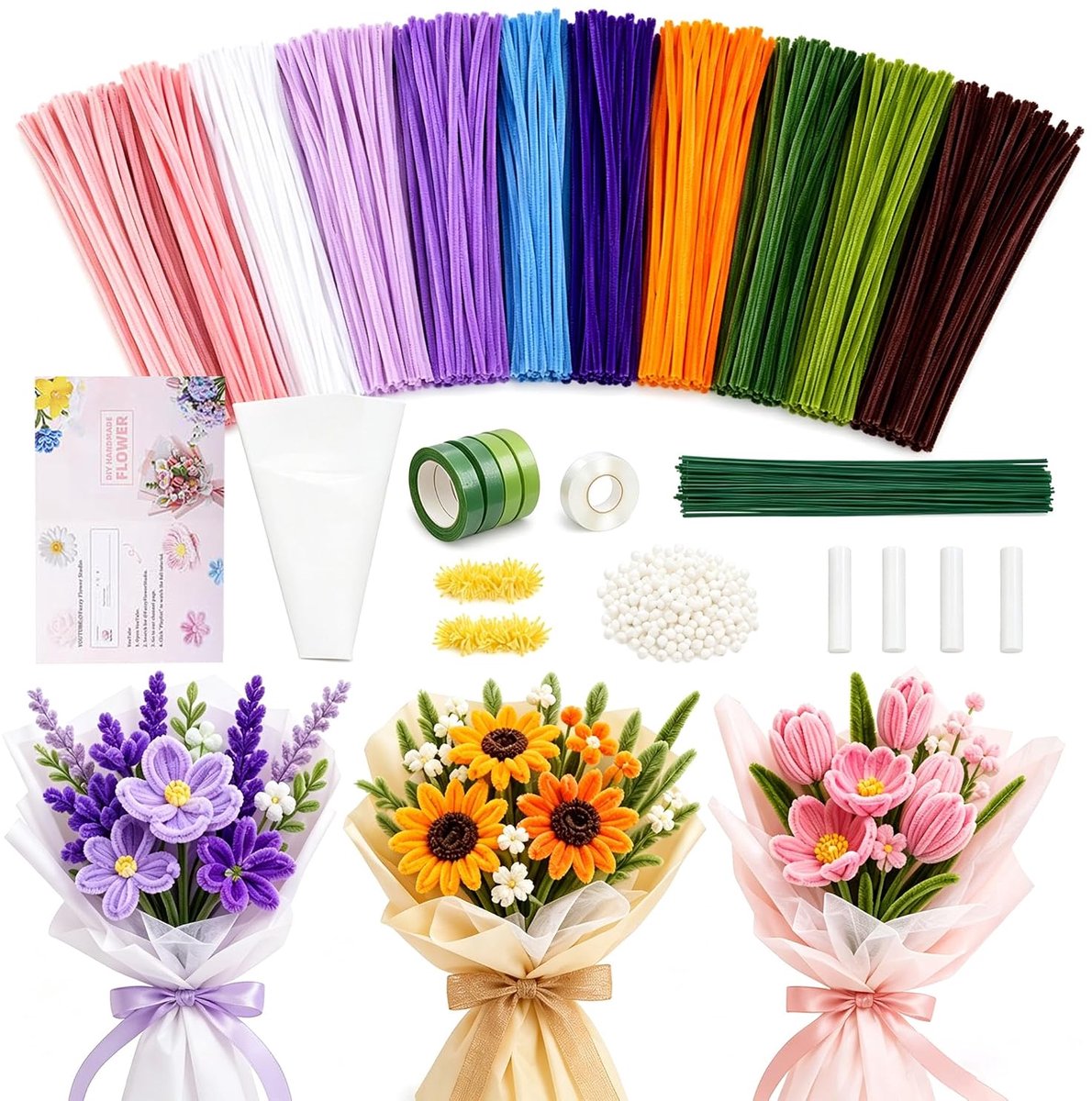 Pijpenreiniger, bloemenset, 800 stuks, 13 kleuren, pijpenreinigers om te knutselen met bloemendraad, tape en kralen - ShopVlot