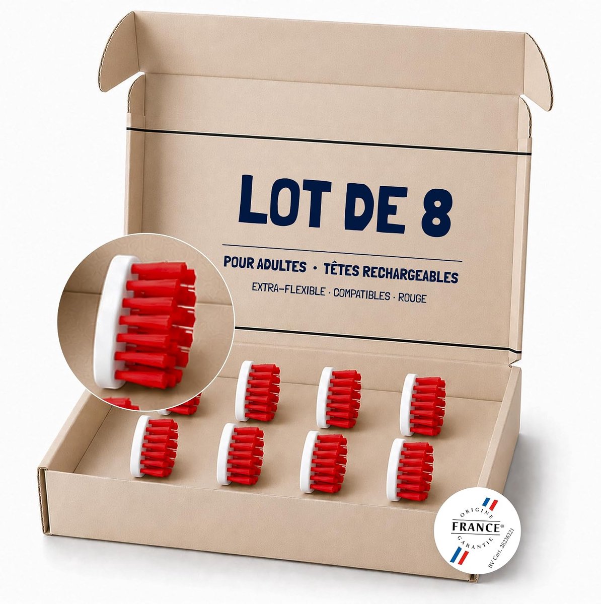 Pack of 8 Rechargeable Toothbrush Heads, Compatible - Made in France - Eco-friendly Dental (Red, Adults) - ShopVlot