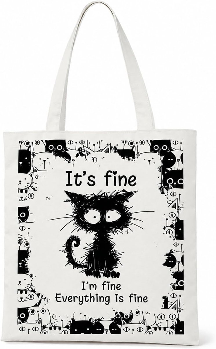 stoffen tas zwarte kat - canvas draagtas - katoenen tas met ritssluiting - ideaal voor kattenliefhebbers - ShopVlot