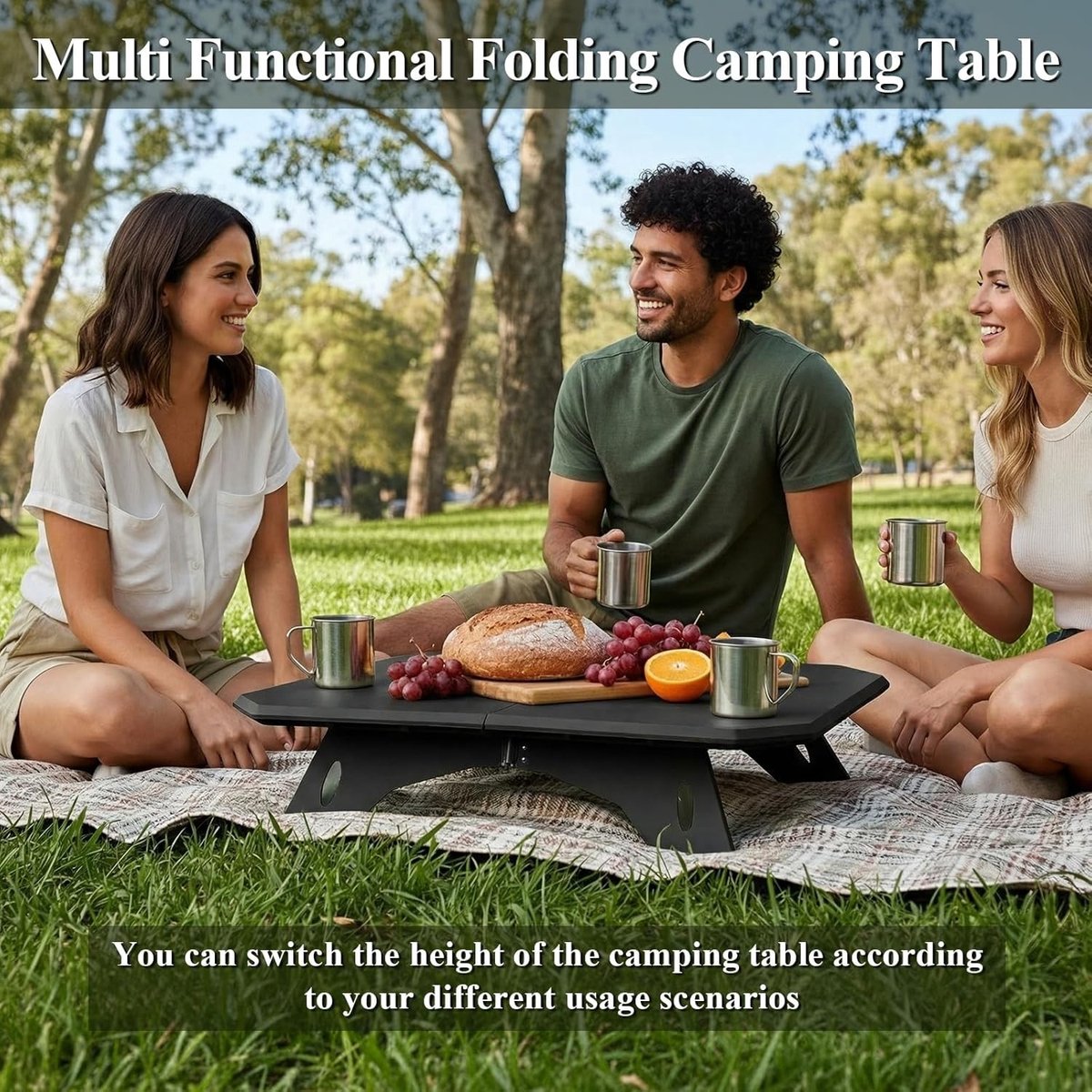 Opvouwbare Campingtafel - Zwart - 48 x 37,5 x 10-40 cm - Lichtgewicht en In hoogte Verstelbare Tafel - Voor Buiten en Binnengebruik