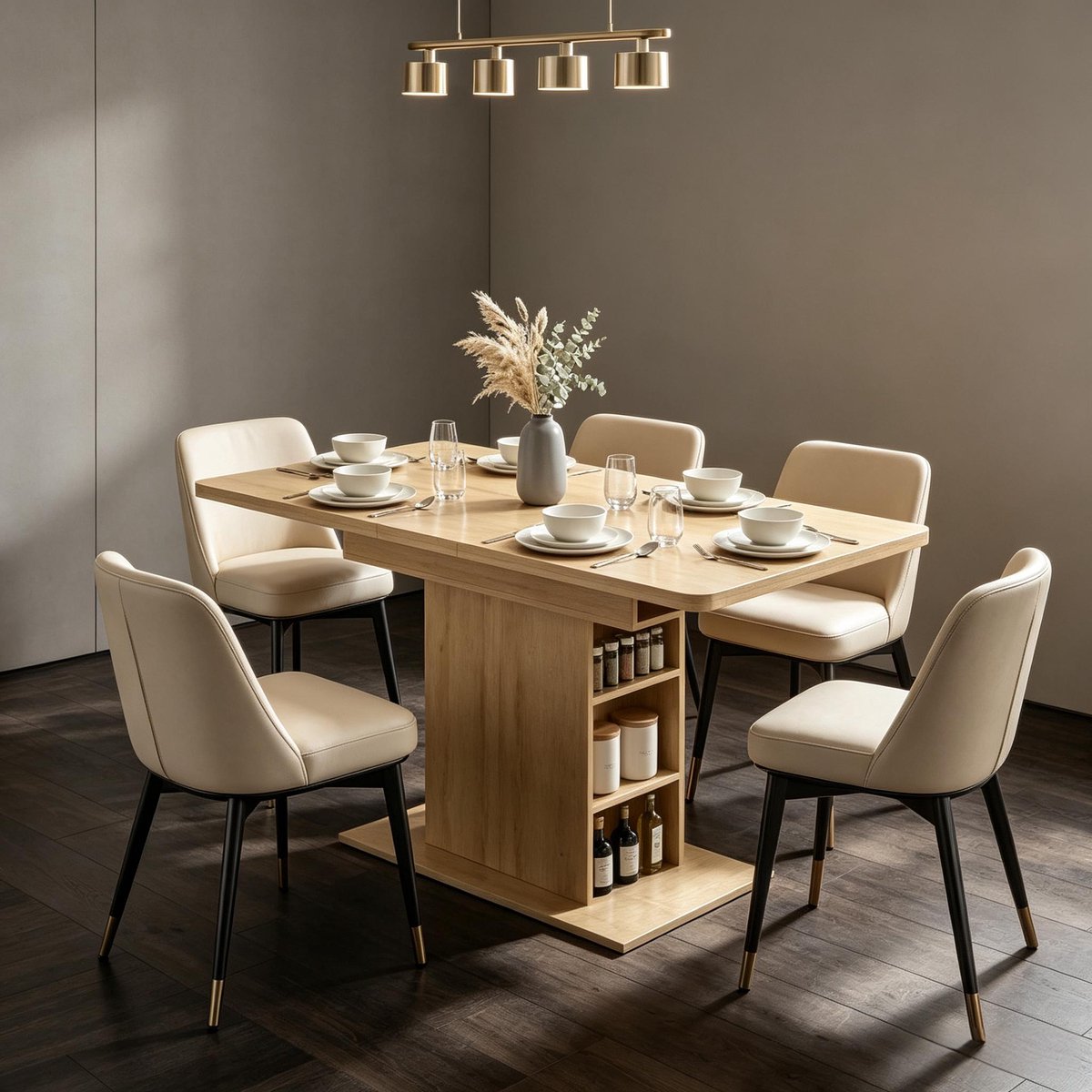 OKWISH Uitschuifbare Eettafel - Rechthoek - 110-130 Cm - Voor 4 Tot 6 Personen - MDF Naturel - Met Open Opbergruimte