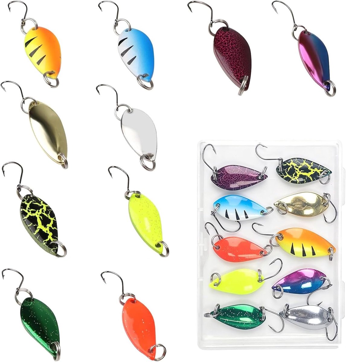 Forellaas lepelset 10 stuks - verschillende gewichten - met transparante doos - ideaal voor vissen - ShopVlot