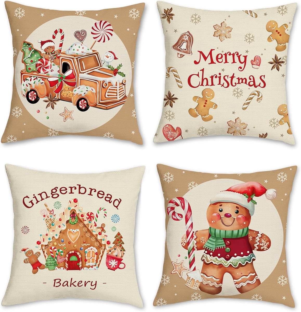 Kussensloop set 45 x 45 cm - polyester linnen - kerst koekhuisje ontwerp - sfeervolle winterdecoratie - ShopVlot