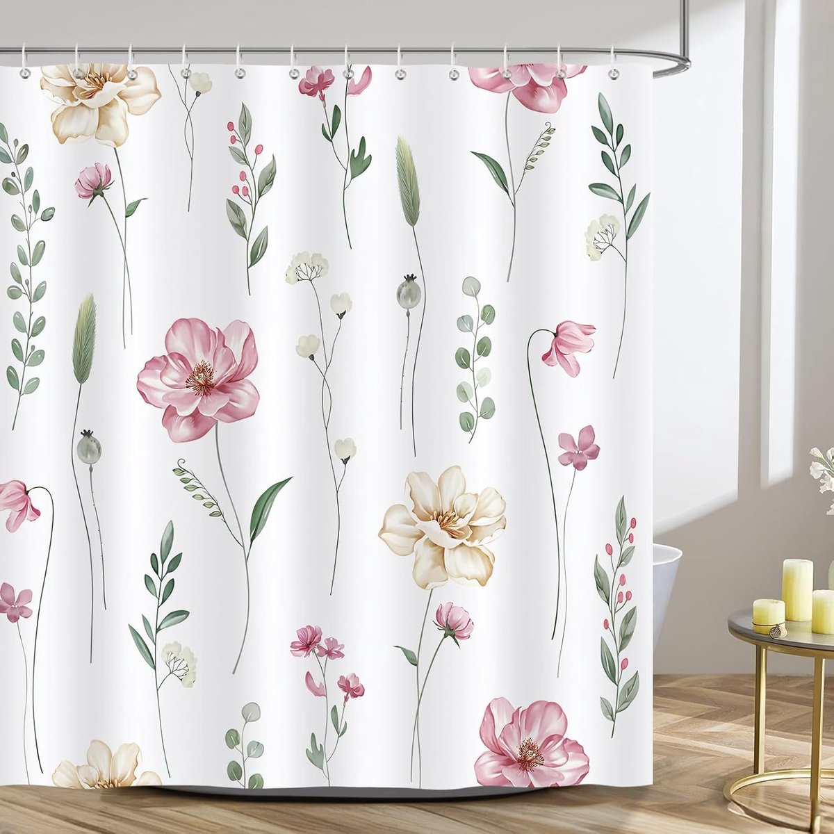 Douchegordijn 183 x 183 cm - Polyester Waterdicht - Roze Beige Bloemen - Elegante badkamerdecoratie - ShopVlot