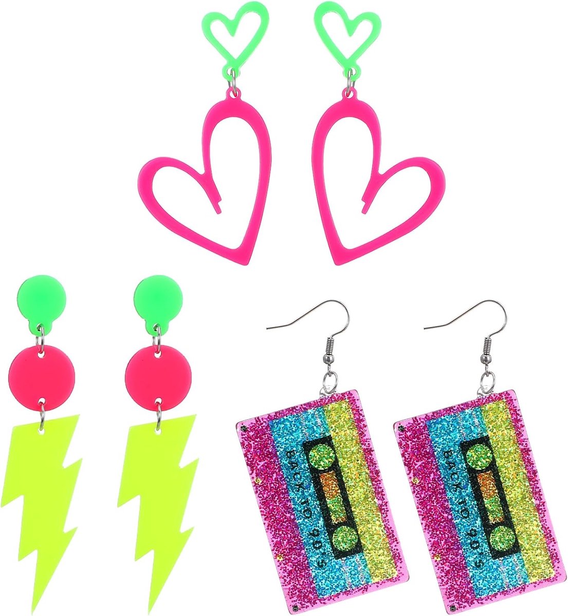 Neon Oorbelset 3 Paar - Acrylaat Cassette Tape, Bliksehart - Retro Kleurvol - Perfect voor Feestjes - ShopVlot