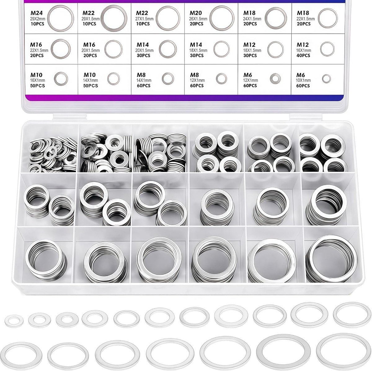 Aluminium pakkingringen set 600 stuks - 18 maten M6-M24 - roestvrij en slijtvast - ideaal voor motorreparaties - ShopVlot