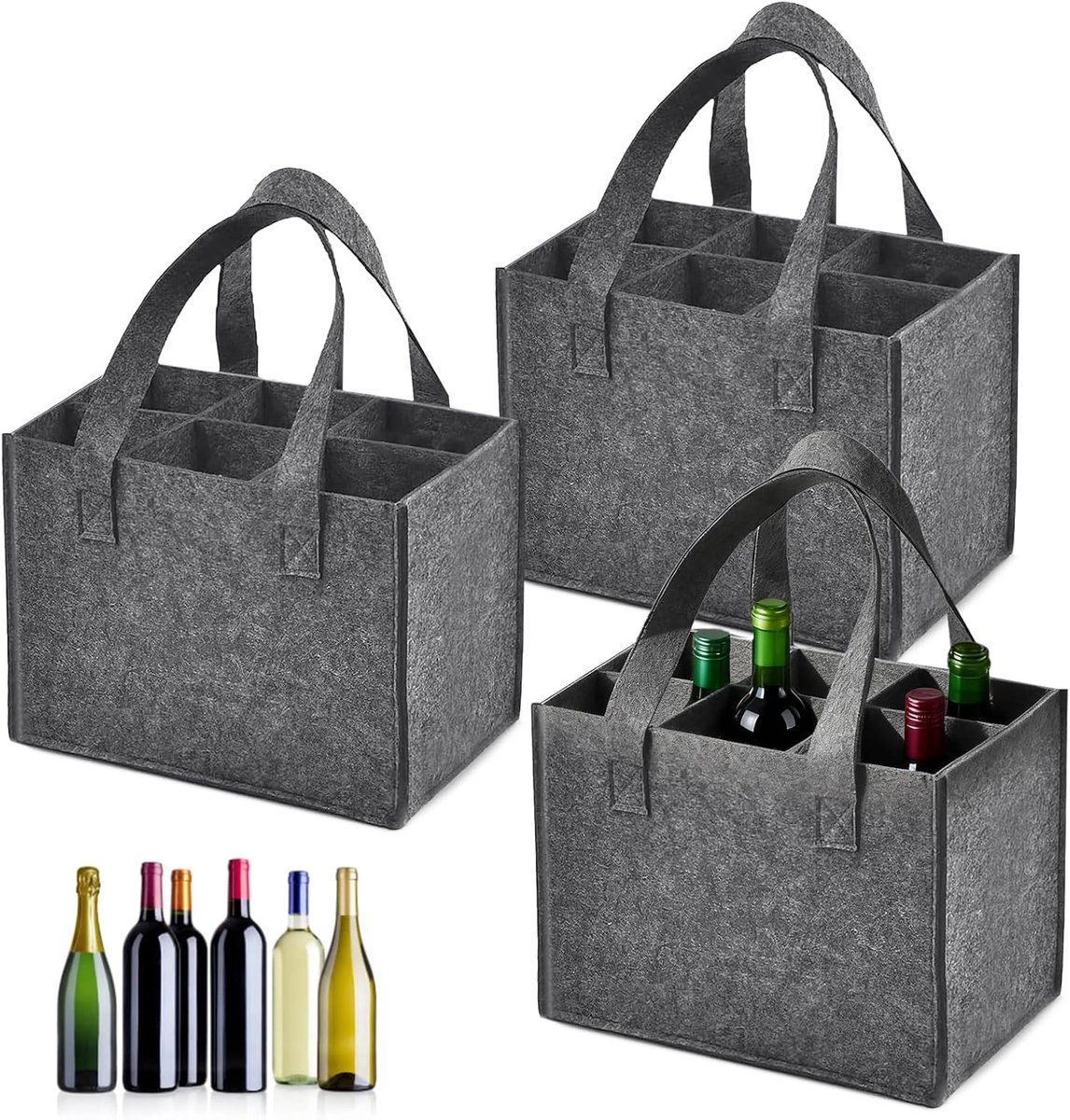 Flessendrager - Grijs - 24 x 18 x 16 cm - Vilten Handtas met 6 Vakken - Voor Wijn-, Bier- en Waterflessen