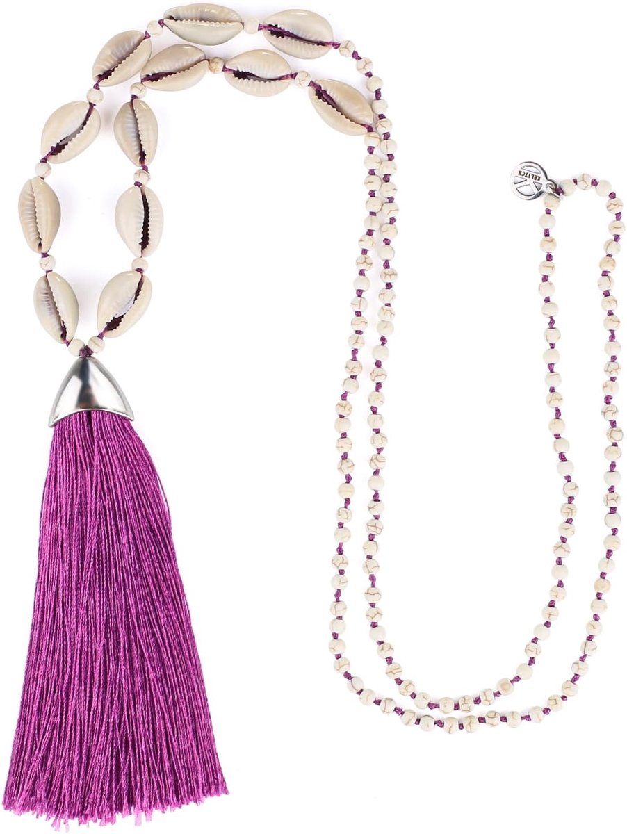Halsketting met kwastjes - handgemaakt - schelpenparel en turquoise - perfect voor strandlooks - ShopVlot