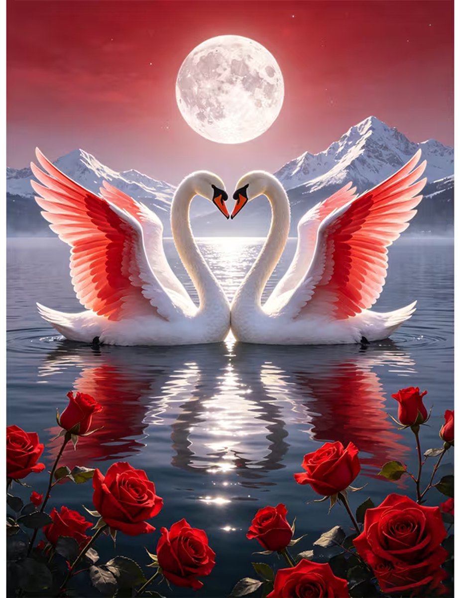 diamond painting kit Hartvormig Zwanen in de avond maan licht 30 x 40 cm