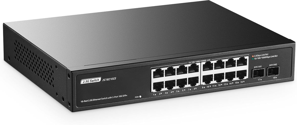 16-poorts 2.5G switch - 2x10G SFP+ uplink - fanless ontwerp - ideaal voor snel netwerk - ShopVlot