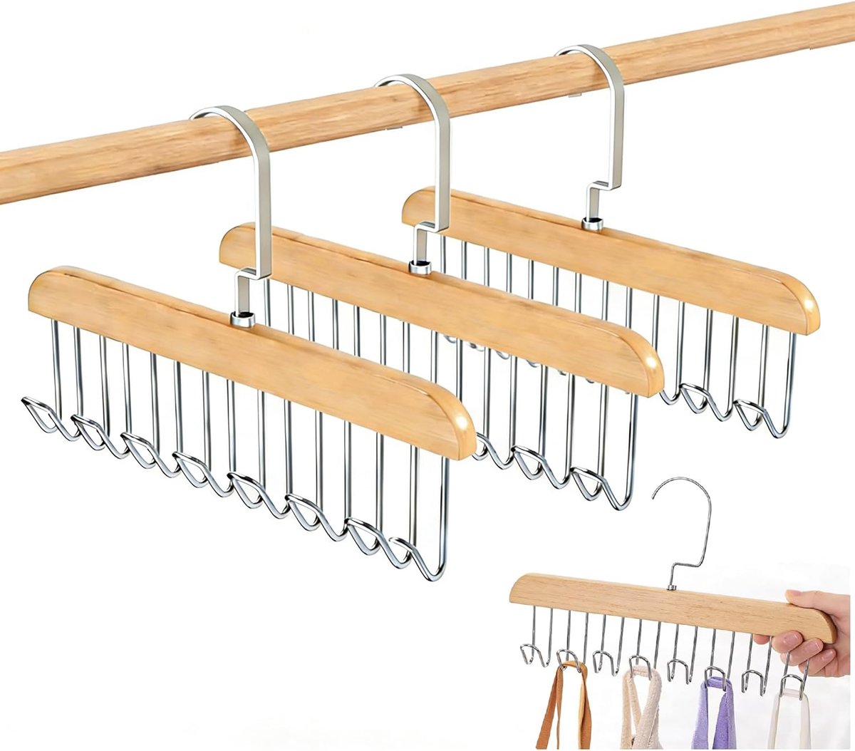 Hangers voor riemen 28cm - houten kledinghanger met 360° draaibare haken - perfecte organisatie voor accessoires - ShopVlot