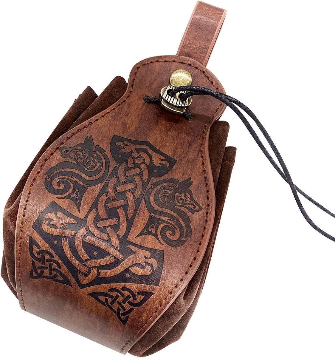 Fanny pack bruin leer - Renaissance drawstring - Wolf hoofd kompas - Ideaal voor Halloween kostuum - ShopVlot