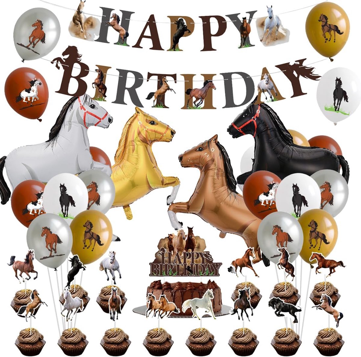 Paarden verjaardag decoratie - 36-delig - ballonnen en cupcake toppers - feestelijke versiering voor kinderen - ShopVlot
