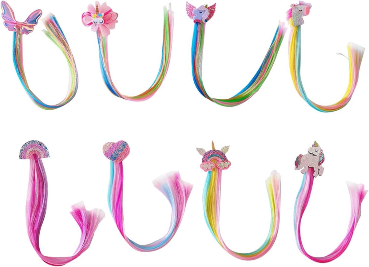 Haarstrengen voor kinderen - Set met 8 kleurrijke haarstrengen - Bogen prinses haarspangen - Ideaal voor feestjes - ShopVlot