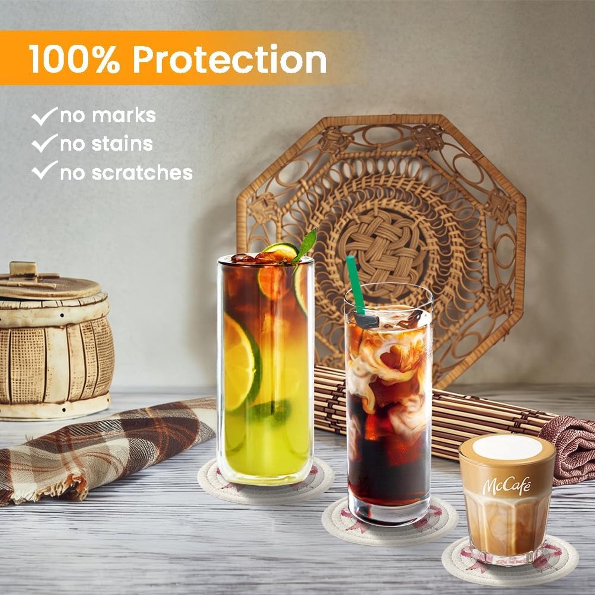 Coasters set van 9 - 11 cm boho katoen - Absorberend en hittebestendig - Bescherming voor houten tafels - ShopVlot