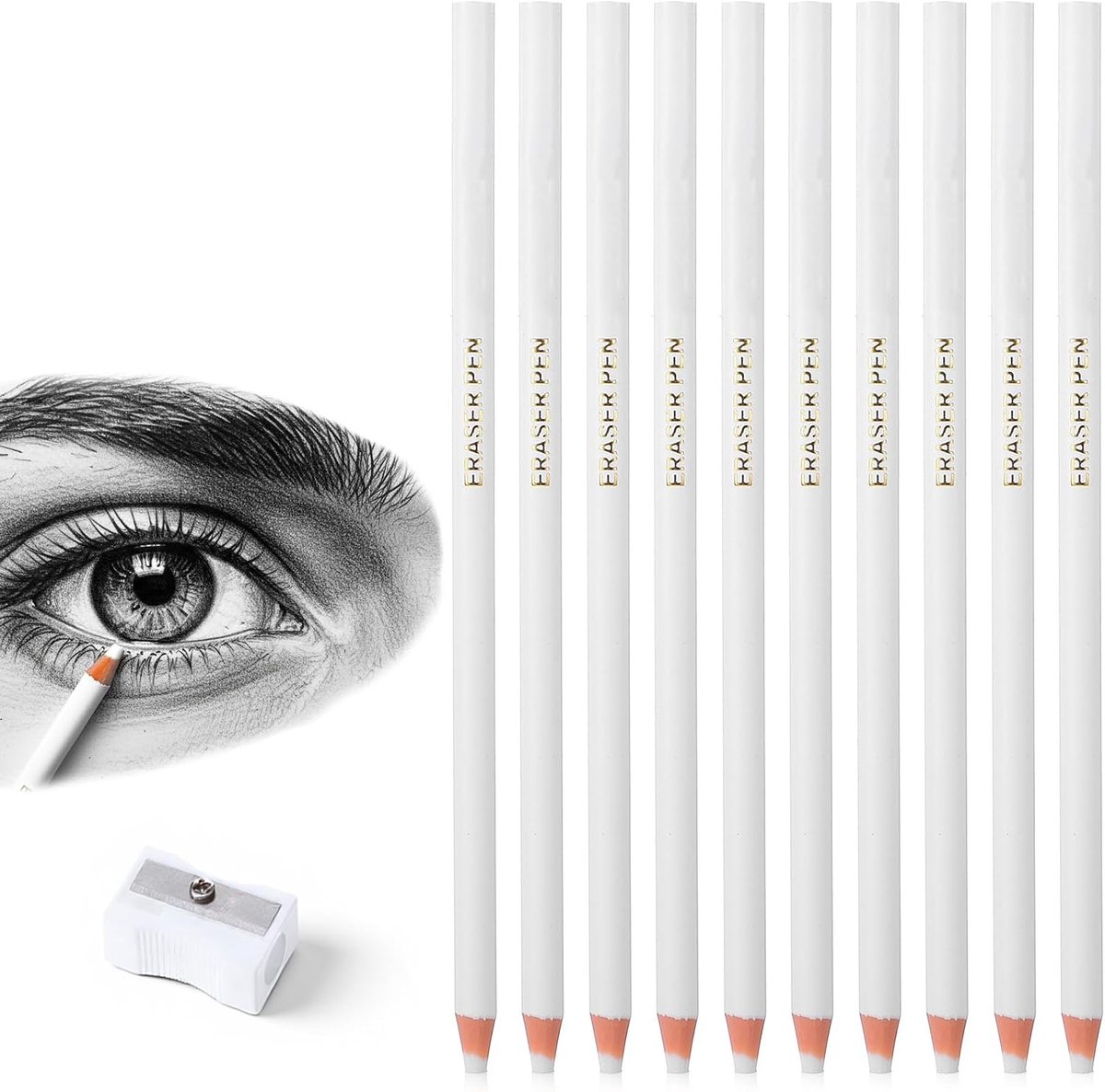 10 Stück Radiergummi Stift Eraser Pen inklusive Spitzer Präzise und saubere Radierung Detailradierer Skizzen farbige - ShopVlot