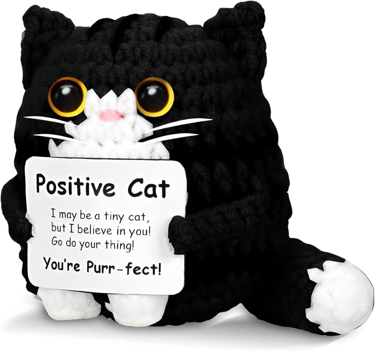 Zwarte gehaakte kat met motiverende boodschap, handgeweven, als origineel cadeau voor vriendschap en geluk, details - ShopVlot