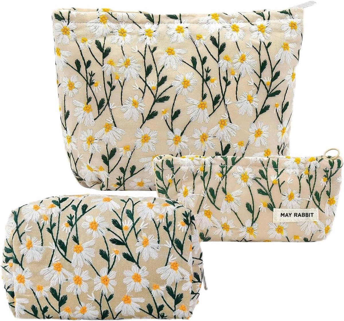Pack of 3 Women's Makeup Bag Embroidered Cosmetic Bag Travel Bag Cotton Zip Makeup Bag for Women Daily Travel Holiday - ShopVlot