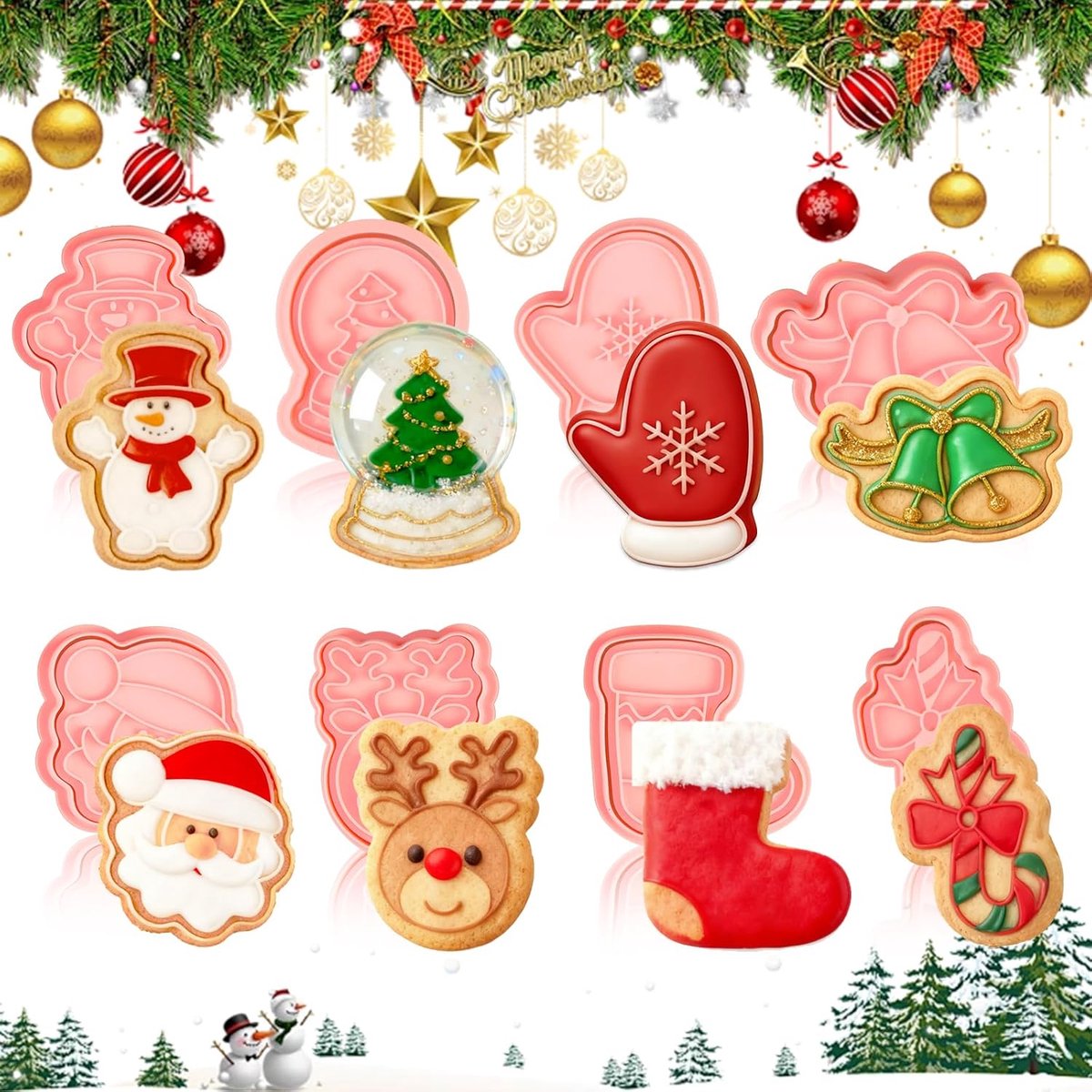 Christmas Cutter Set 8 Pieces Christmas Cookie Cutters 3D Cookie Cutters Christmas Cookie Stamps Christmas for Motif - ShopVlot
