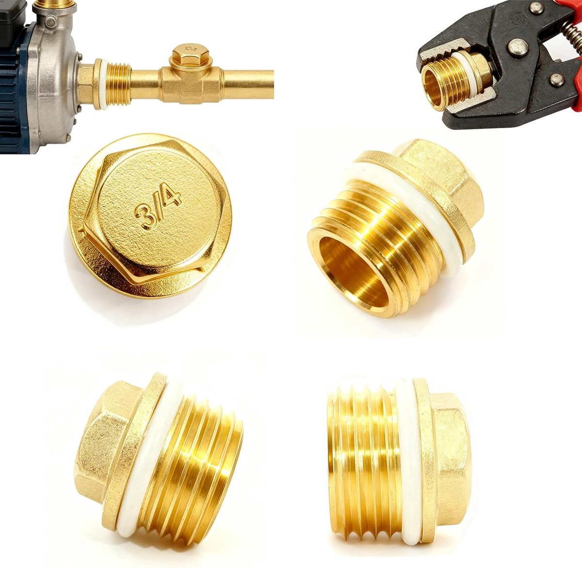 Pack of 4 3/4 Inch Brass Stopper Blind Stop Pipe End Cap with Rubber Ring for Radiators, Water Pipes, Drinking Water - ShopVlot